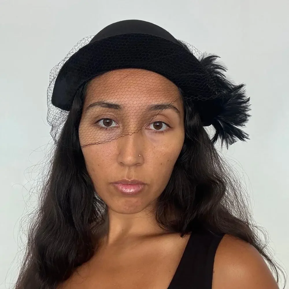 Vtg 1950s valerie modes crescent fascinator hat black feathers birdcage veil